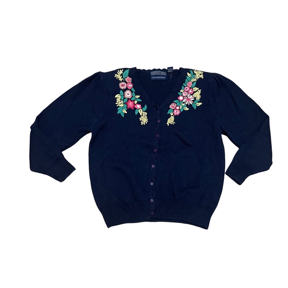VTG Herman Geist L Navy Blue Embroidered Floral Cottage Grandma Cardigan Sweater